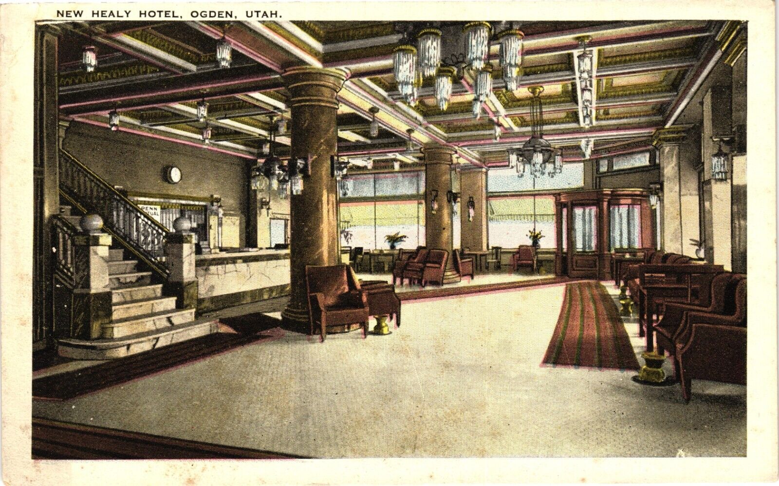 Healy Hotel Lobby Ogden Utah White Border Unused Postcard 1930s