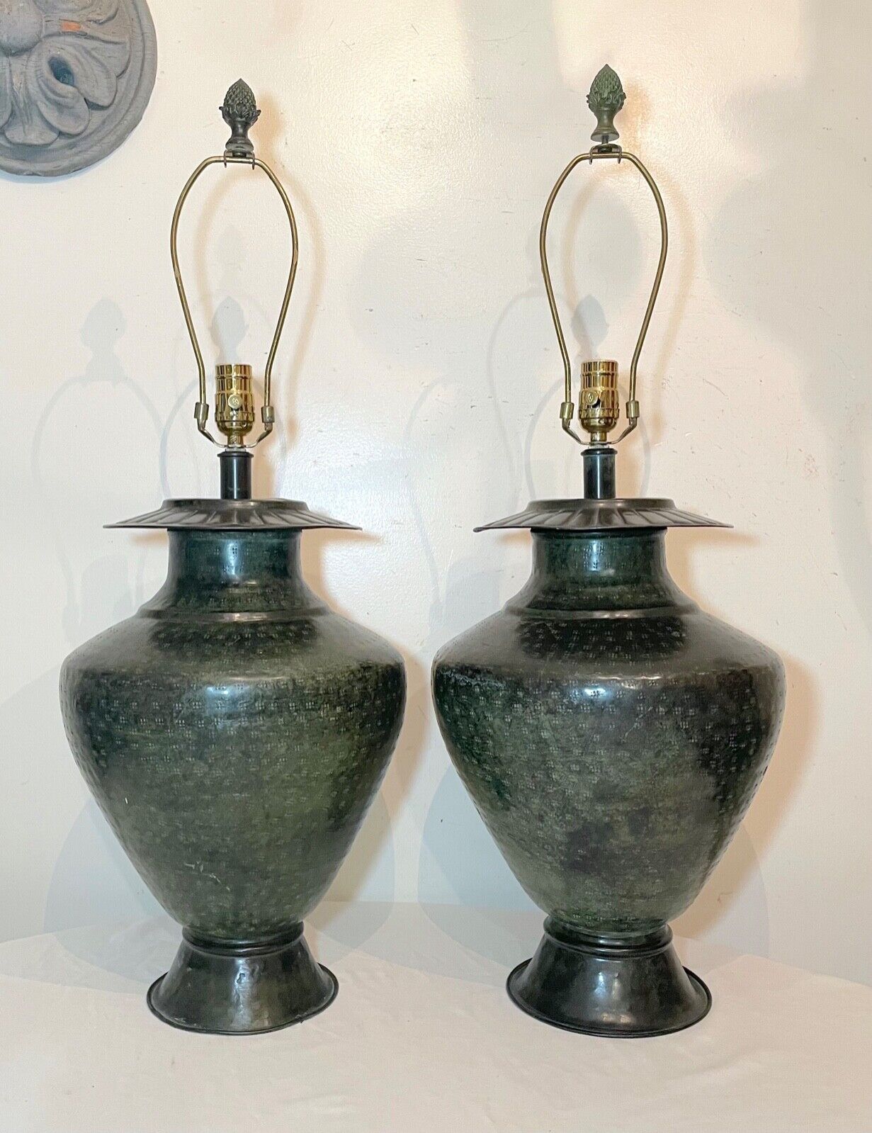 LARGE pair of modern hand made hand hammered patinated bronze table lamps