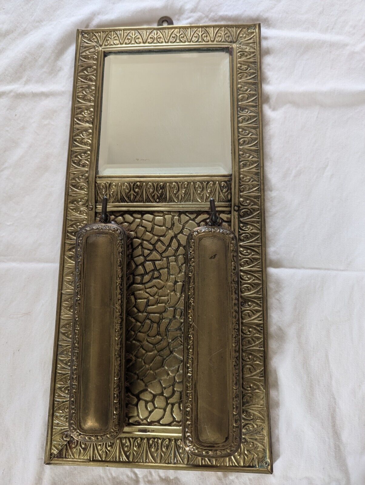 Antique Victorian Brass Shaving Mirror w/ Original Brush