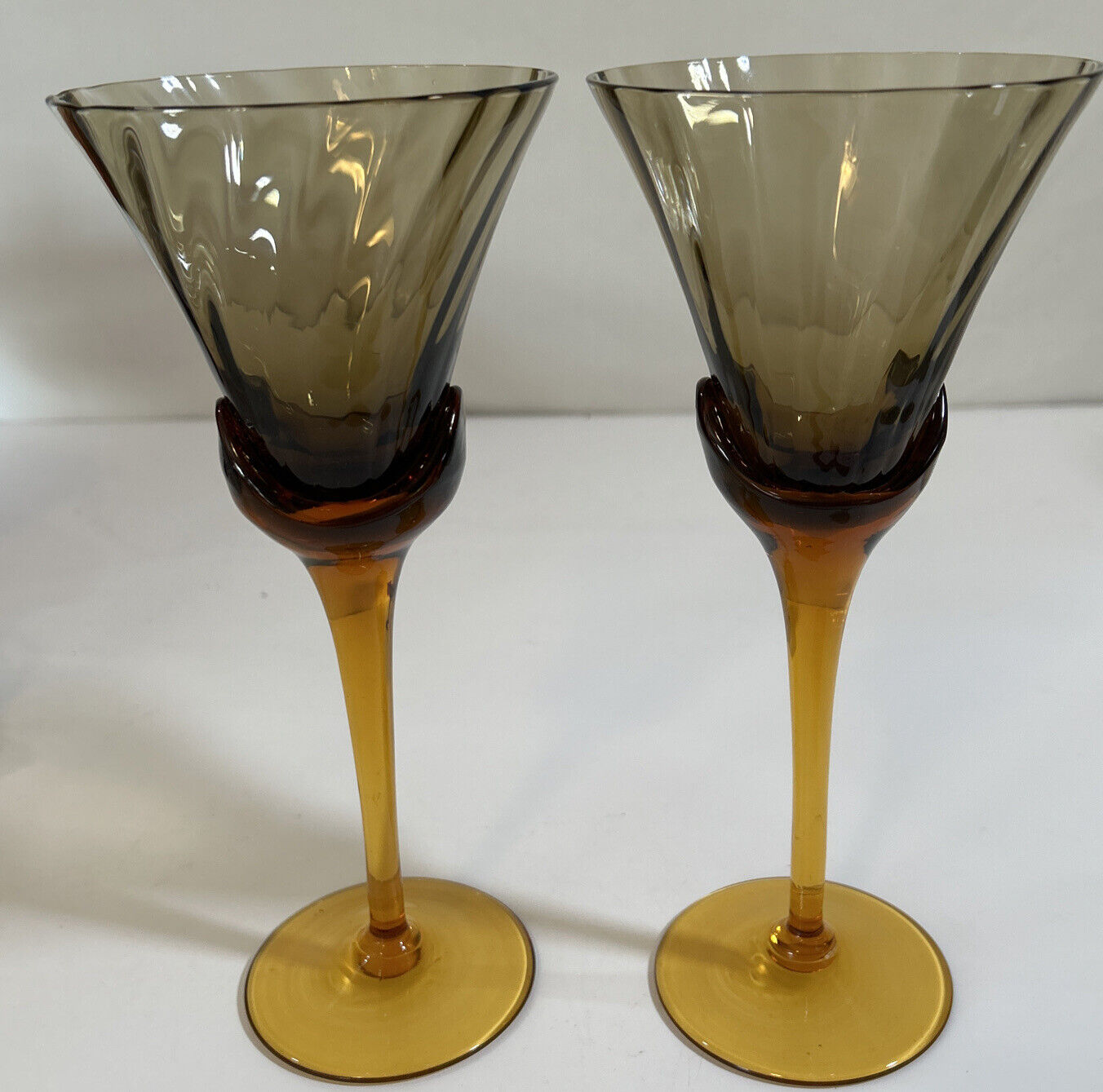 RARE MIKASA -Blossom Ginger- (2) Amber Fluted Optic Swirl Wine, Water Glasses.