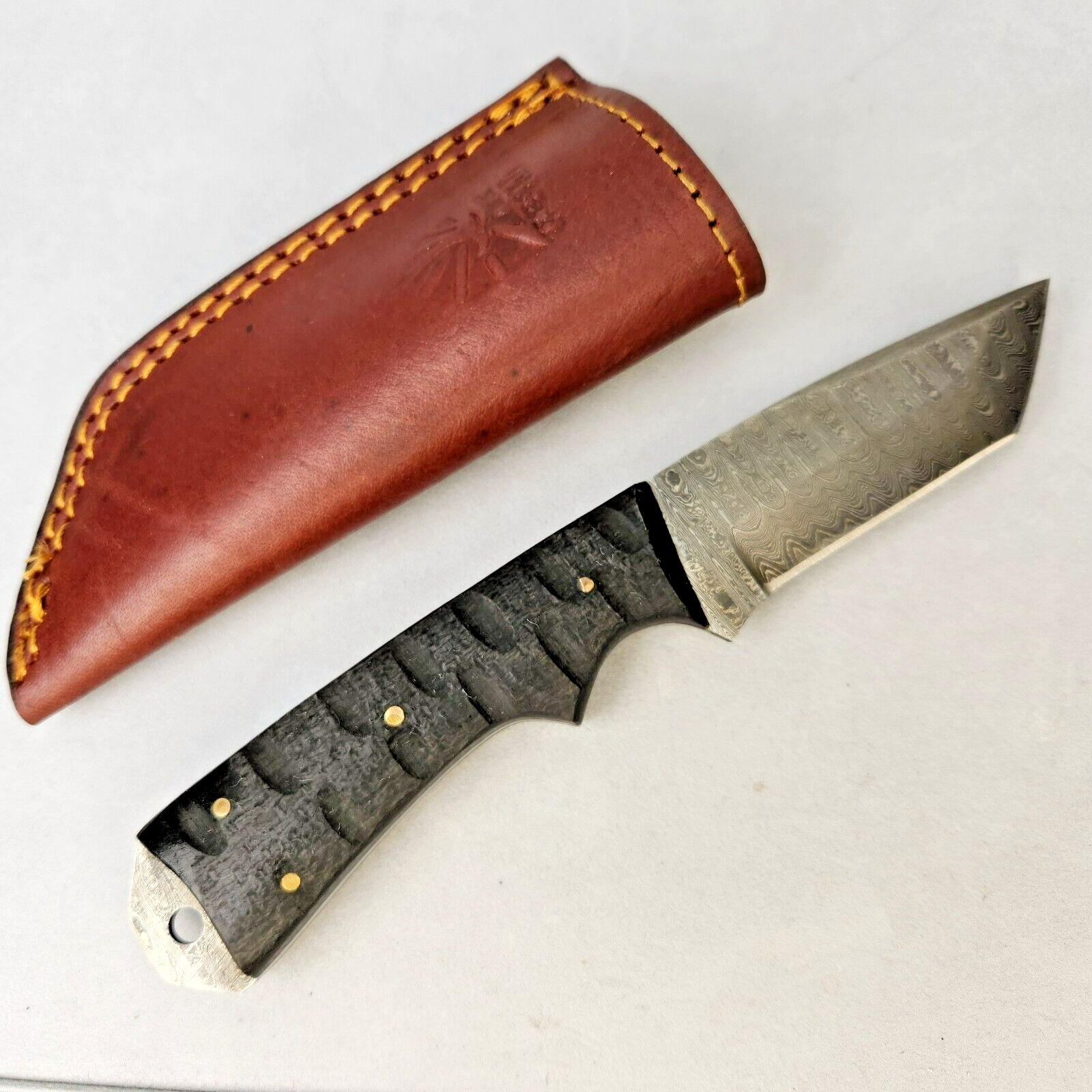 Damascus Steel Knife Fixed Blade Black Wood Handle Titan Leather Sheath Camping