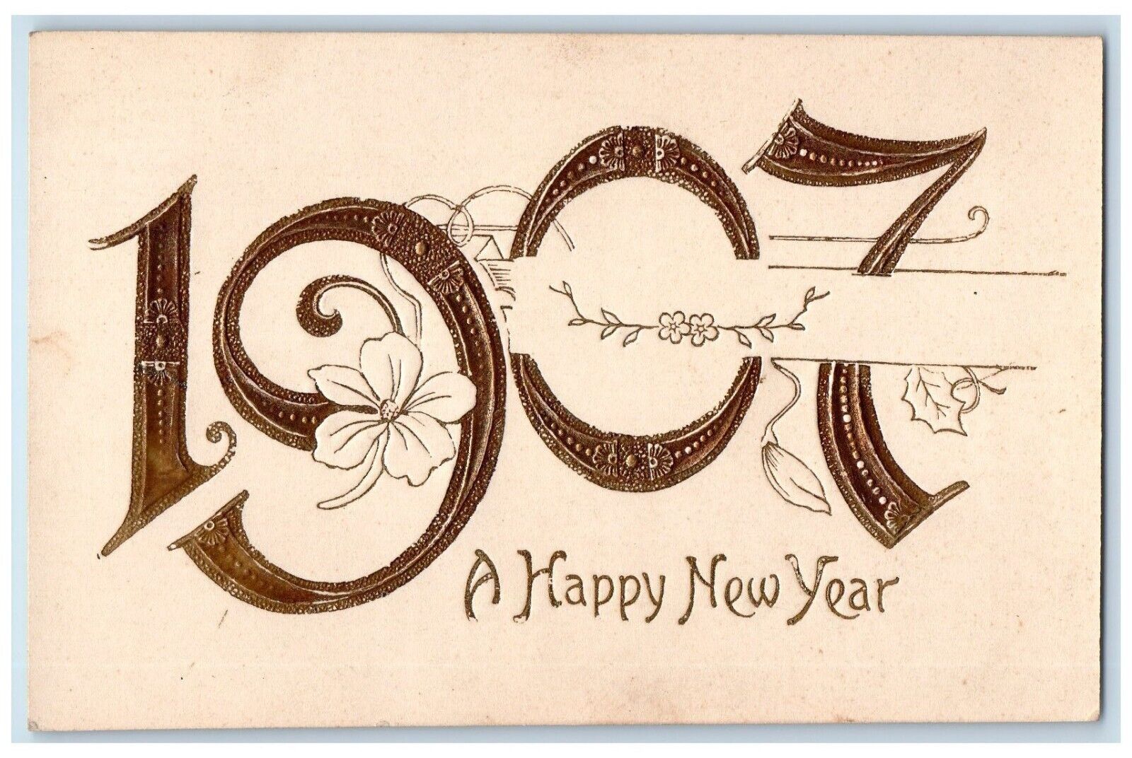 1907 Happy New Year Large Numbers Flowers Embossed Unposted Antique Postcard