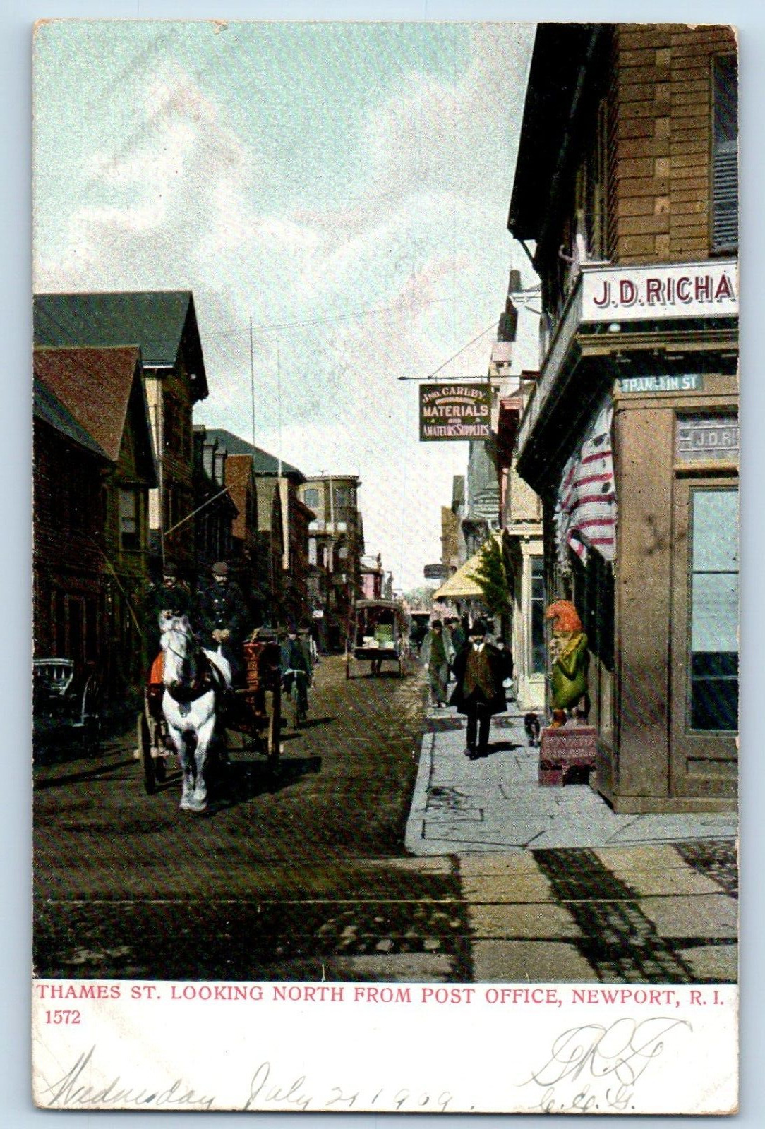 Newport Rhode Island Postcard Thames St. Looking North Post Office 1909 Vintage