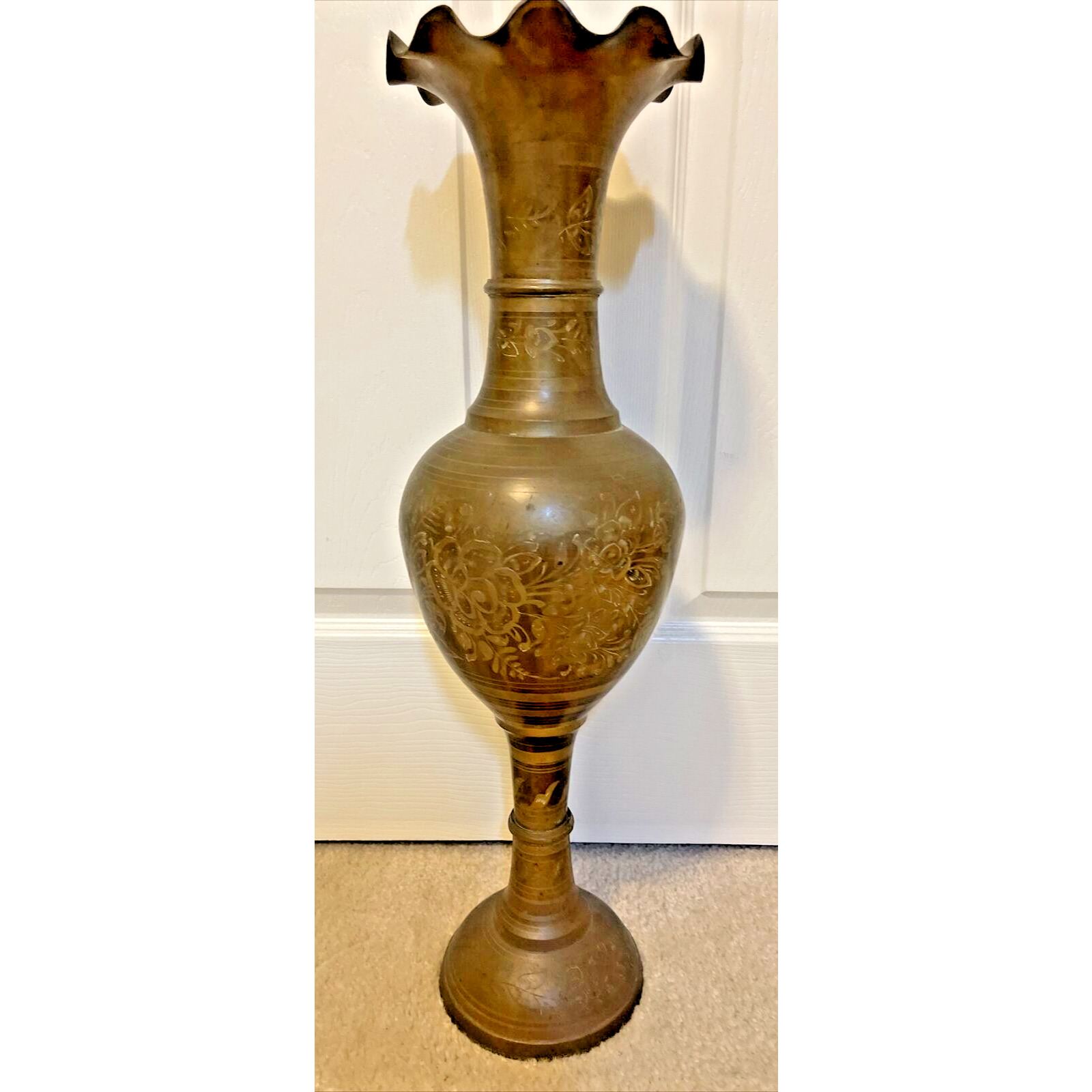 Vintage Gold Etched Brass MCM Floor Vase 1960\'s India 2 FT Tall