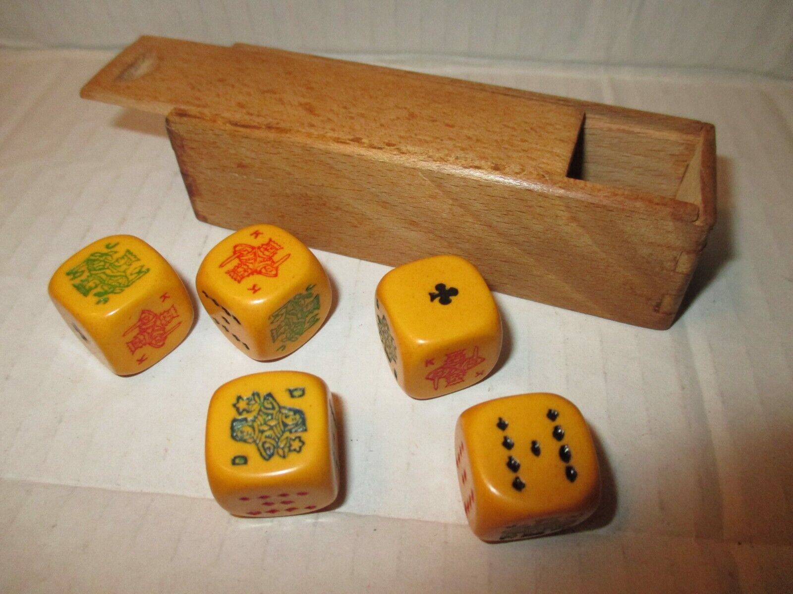 Antique Butterscotch Bakelite Poker Dice Set & Wood Box