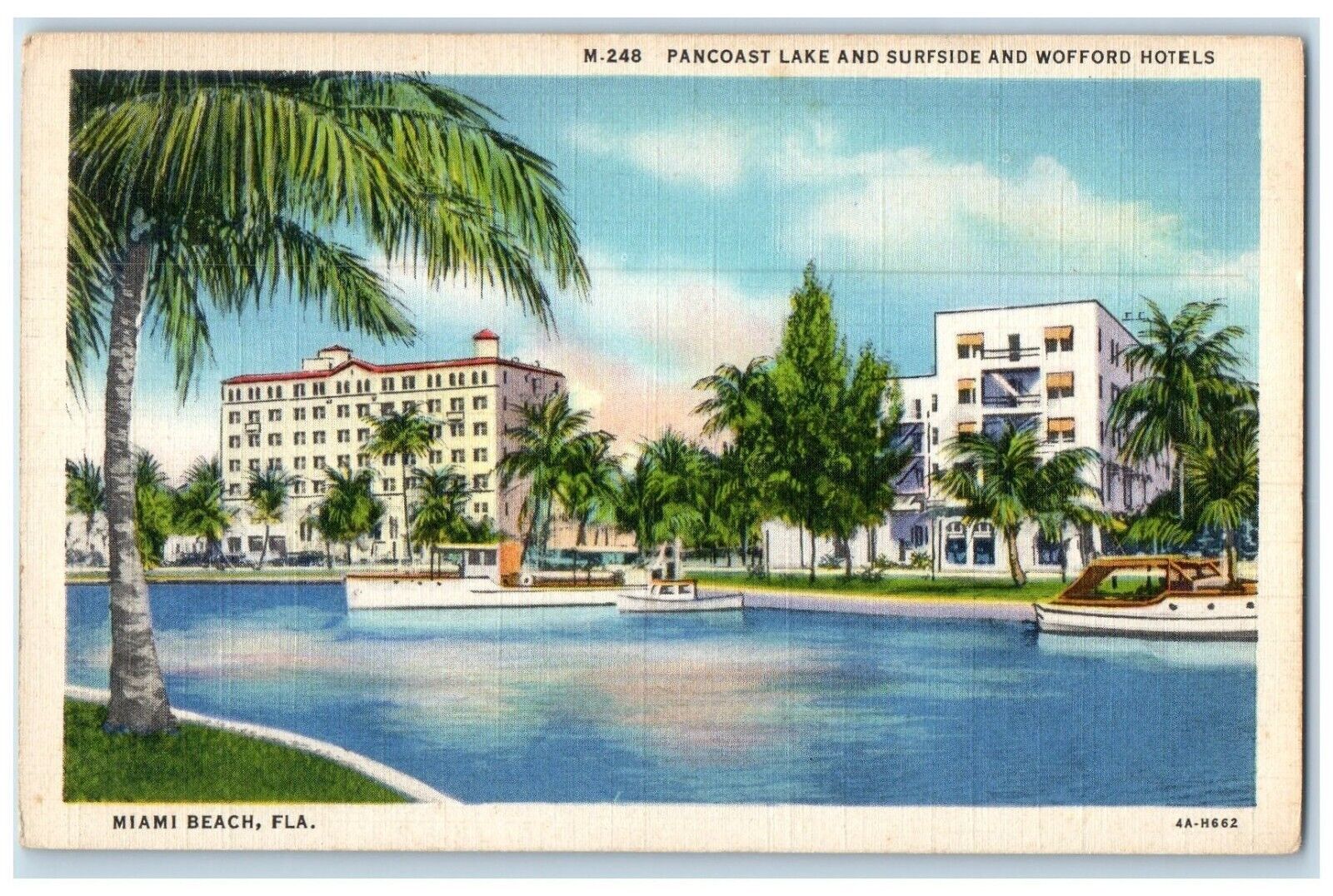 c1940 Pancoast Lake Surfside Wofford Hotels Miami Beach Florida Vintage Postcard