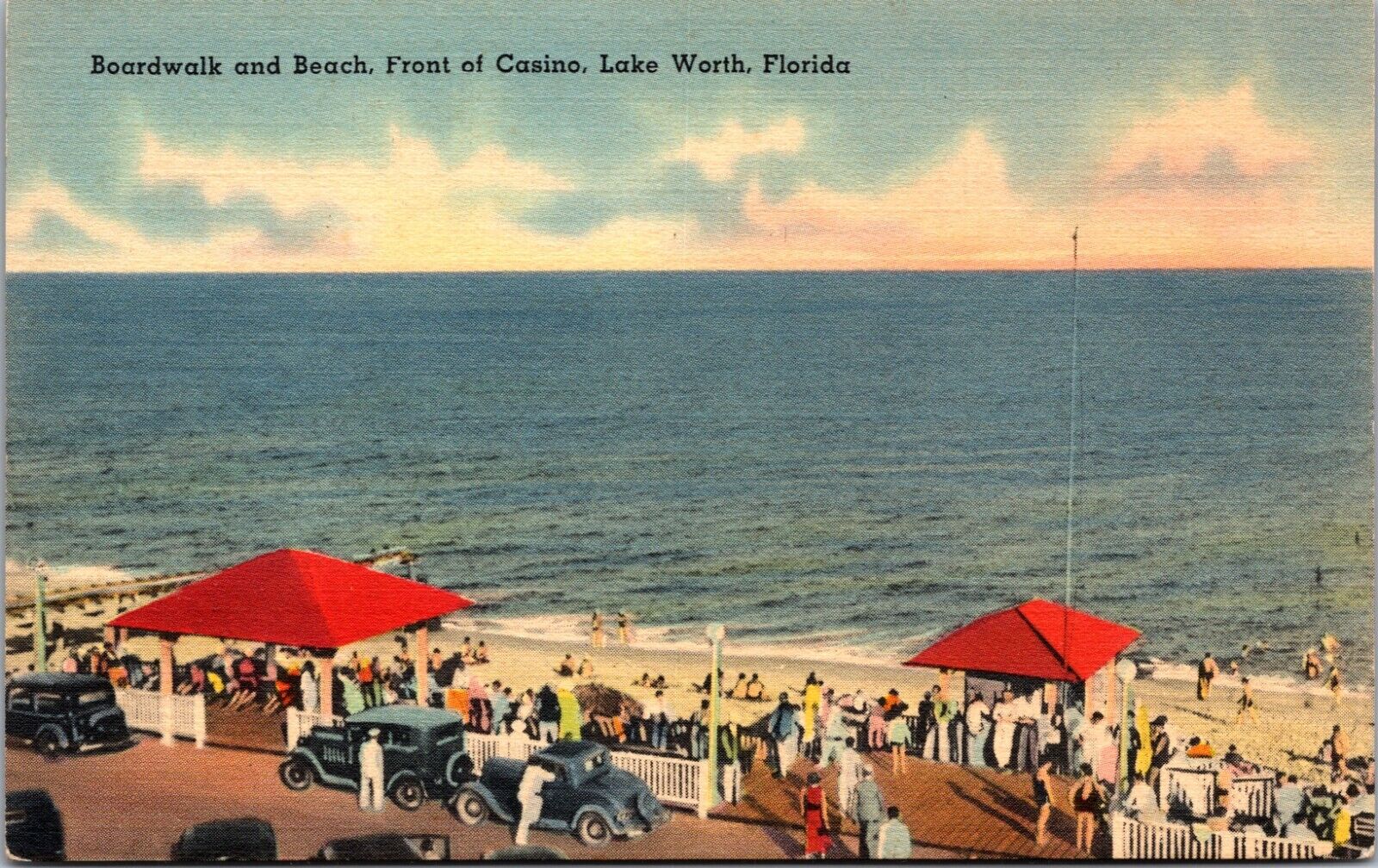 Postcard FL View Boardwalk Beach Front of Casino Lake Worth Old Cars Bathers C8