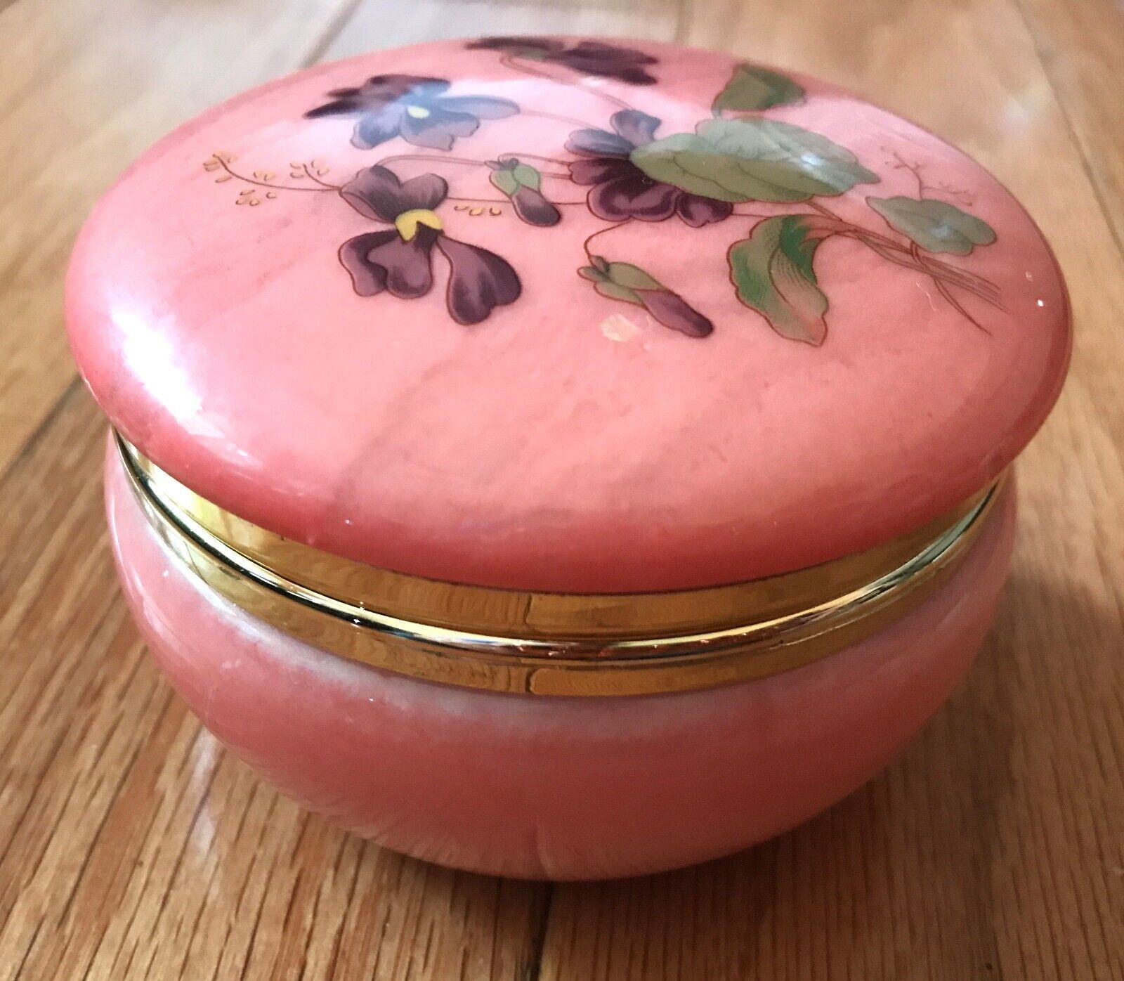 Vintage Round Genuine Pink Alabaster Trinket Jewelry Box Italy Hinged Violets