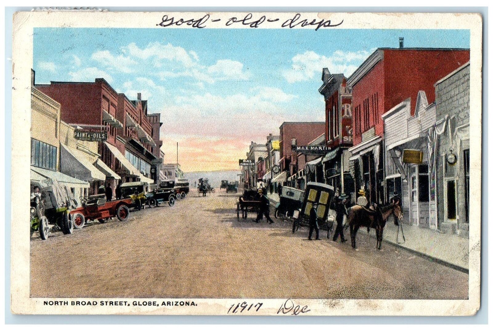 1917 North Broad Street Shops Carriages Cars Globe Arizona AZ Posted Postcard