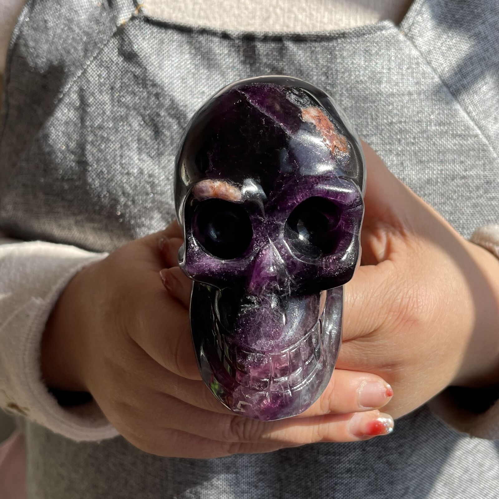 1.68LB Natural Fluorite Quartz Crystal Skull Hand Carved Reiki TQS8765