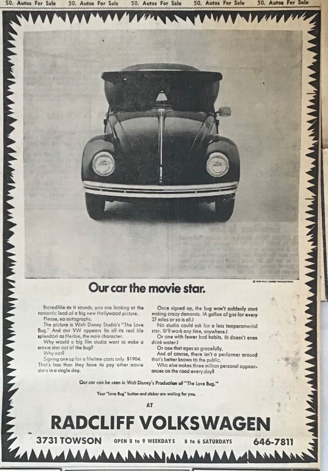 1969 newspaper ad for Volkswagen - Our Car the Movie Star, Disney\'s Love Bug