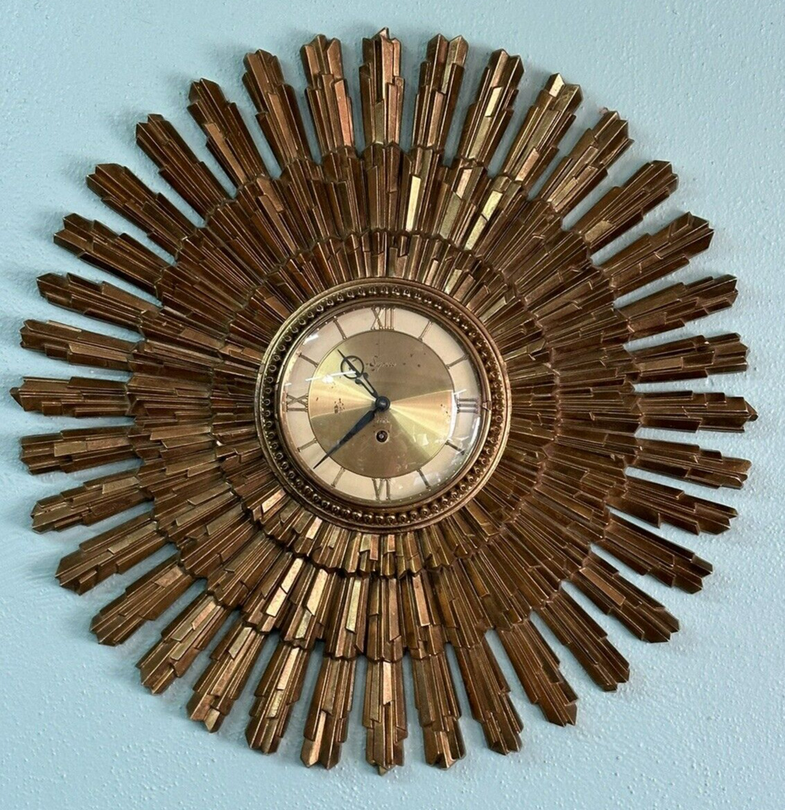 LARGE Vintage MCM Syroco Wood Sunburst Wall Clock Gold Tone 1960s 23\