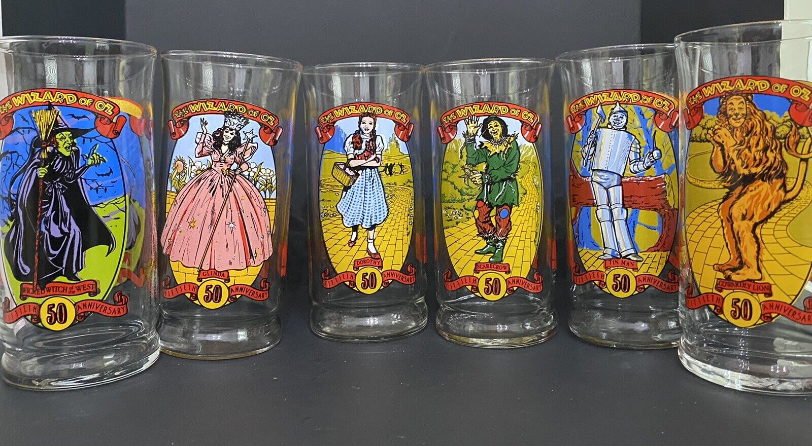 Vintage 1989 Wizard of Oz 50th Anniversary Complete Set 6 Coca Cola Glasses