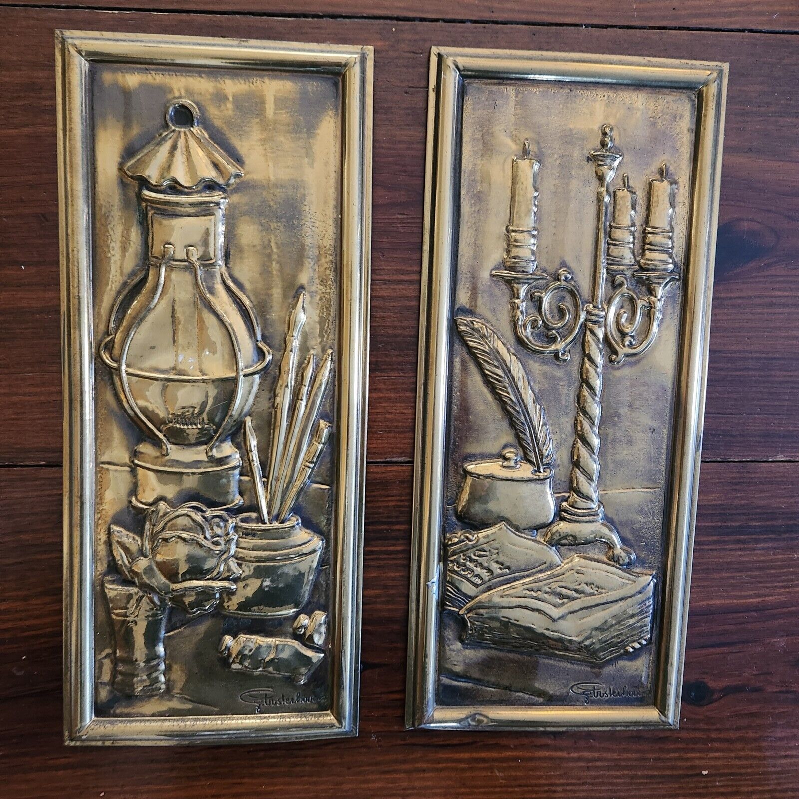 Pair of Vintage Embossed Brass Plaques Made In HOLLAND MCM