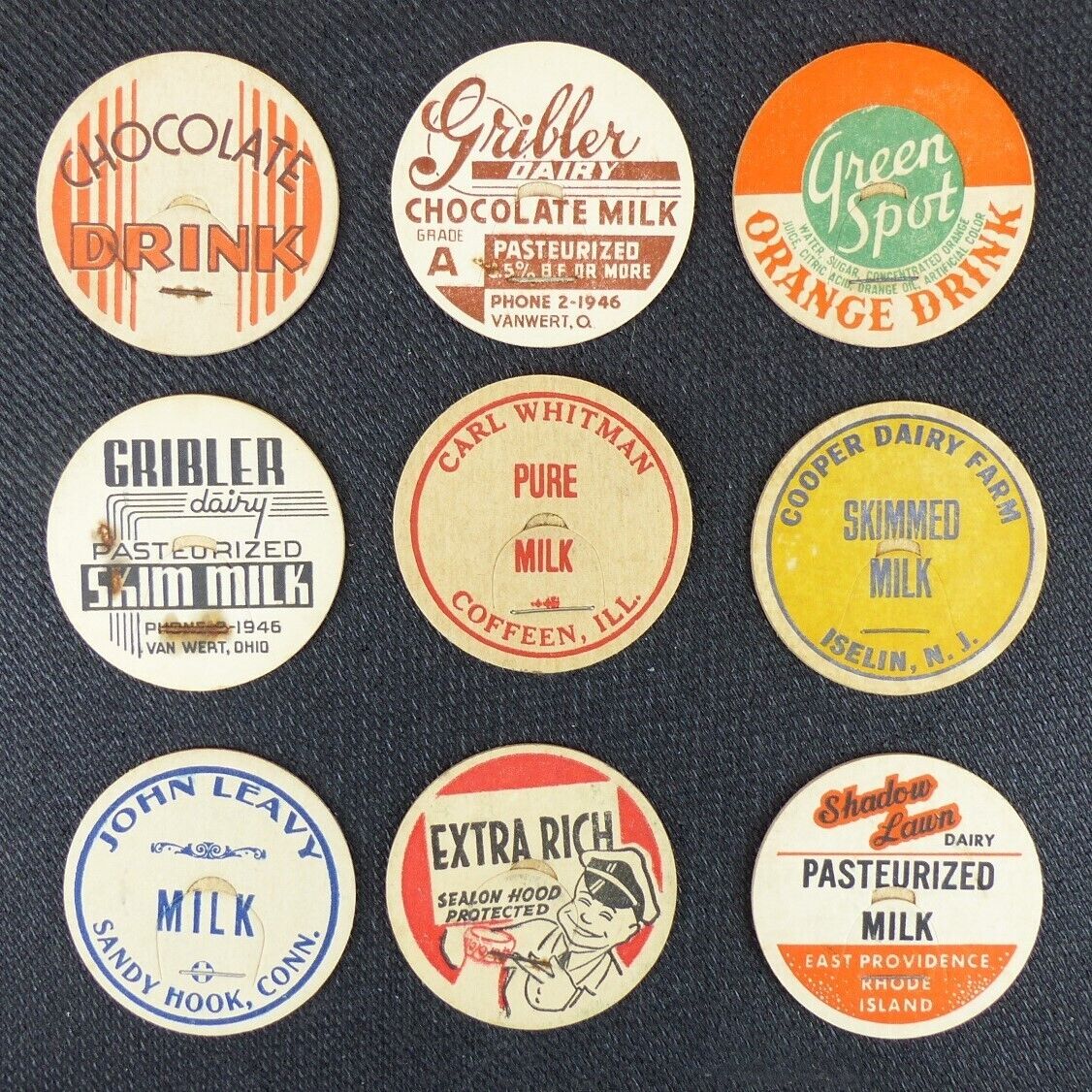 Lot of 9 Vintage Milk Bottle Cap Gribler, Cooper, John Leavy Dairy Milk Caps