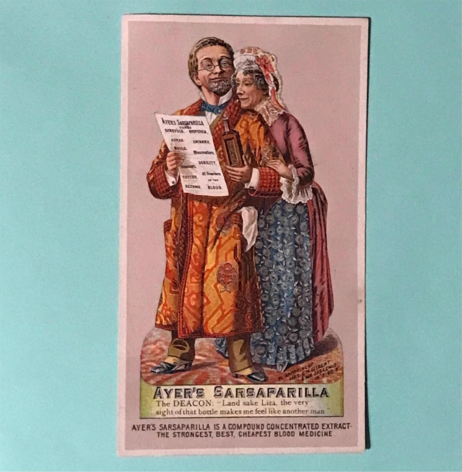 1880s CHROMOLITHOGRAPH TRADE CARD, AYER'S SARSAPARILLA, QUACK PATENT MEDICINES