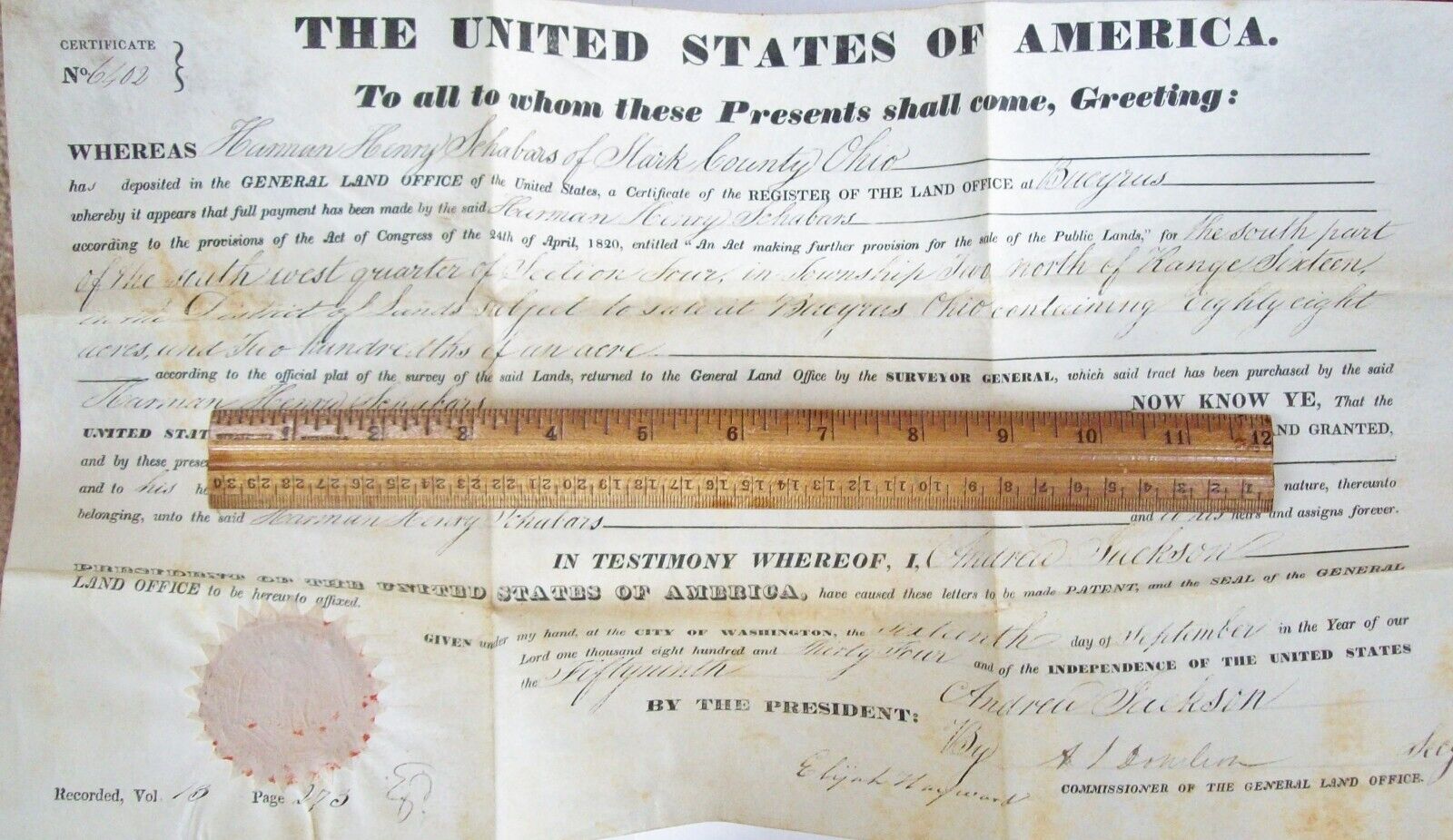 Antique 1834 Secretary-Signed Andrew Jackson Land Grant Ohio AJ Donelson Old St