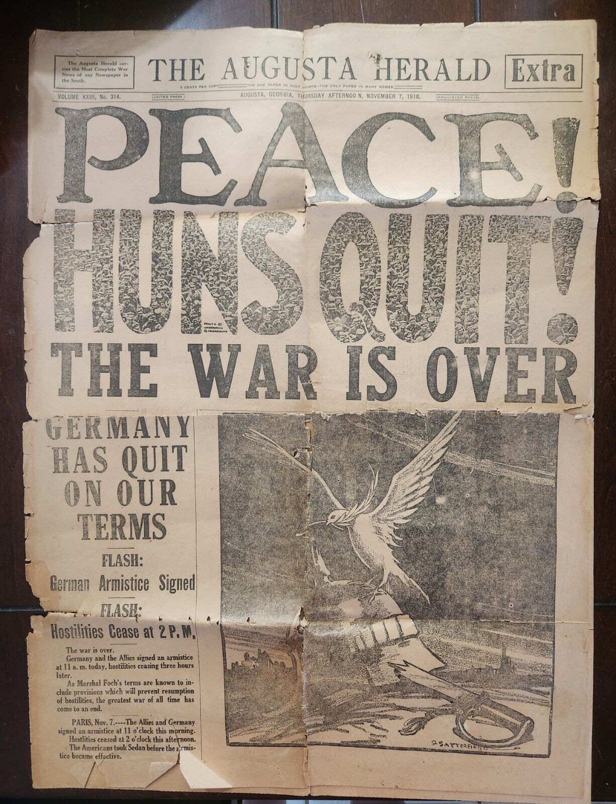 RARE November 7, 1918 The Augusta Herald PEACE HUNS QUIT THE WAR IS OVER, WWI