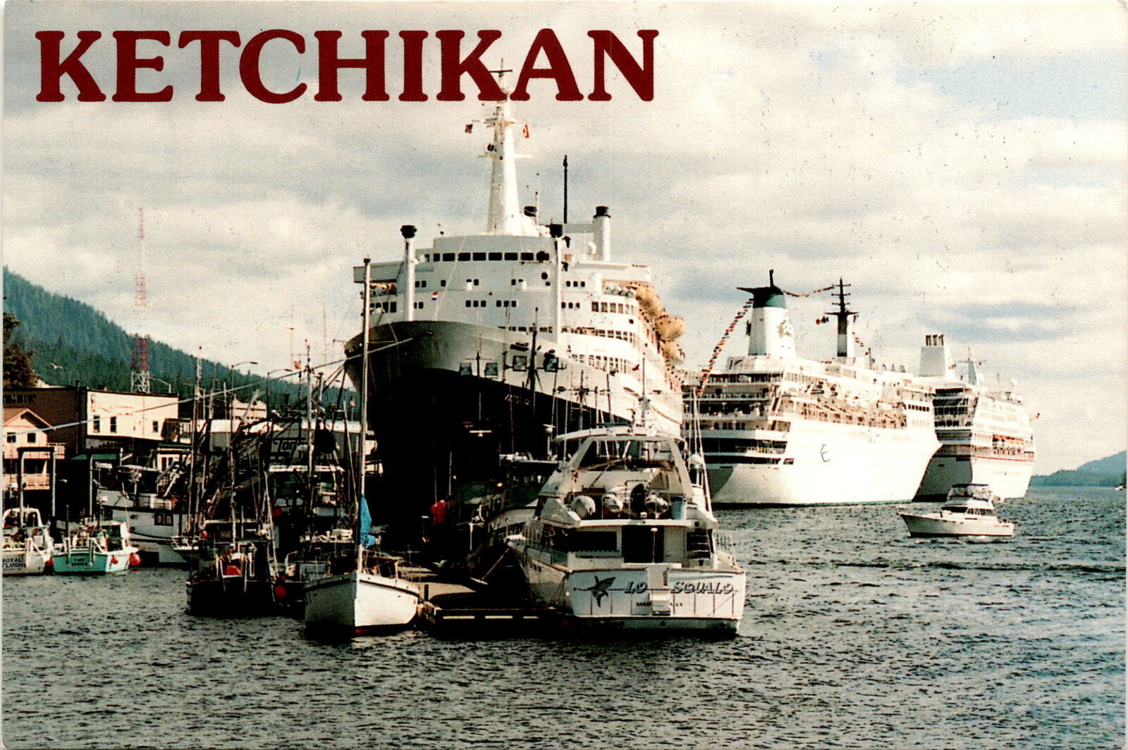 Elegant cruise ships in Ketchikan, Alaska with photo.