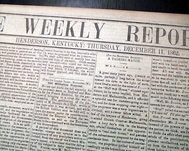 Very Rare HENDERSON KY Kentucky Unbiased Civil War Leanings Grant 1862 Newspaper