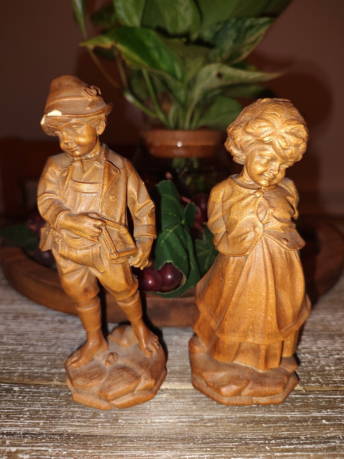 2 Old German Bavarian Hand Carved Wood Figurines Statuesn Boy & Girl  Wooden