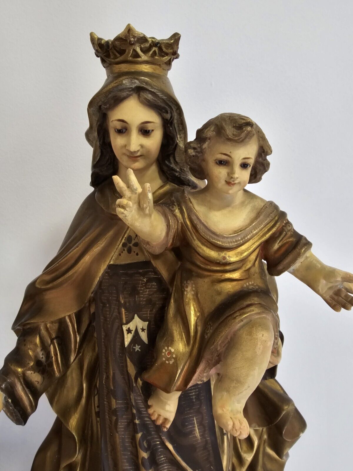 Antique Virgin and child statue. Wood paste.Glass Eyes. Virgen del Carmen. Spain