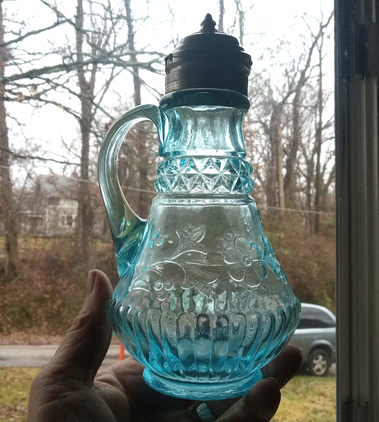 1880s RARE BLUE ADAMS NO.140 WILDFLOWER EAPG GLASS SYRUP PITCHER PAT 1884 LID