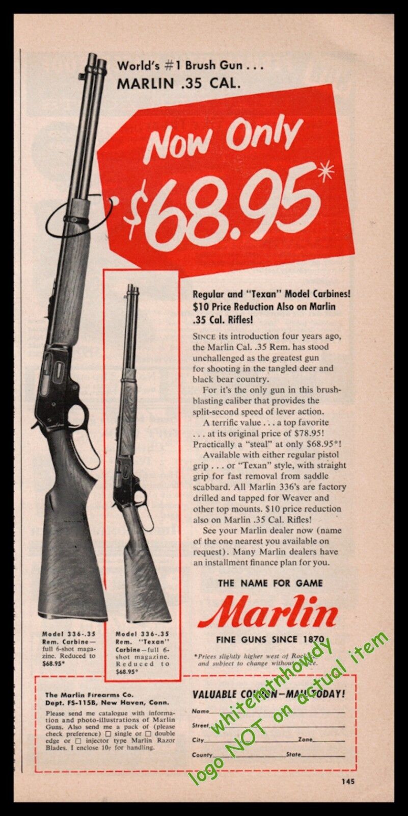 1955 MARLIN Model 336 & Texan Carbine Rifle AD  gun advertising w/original price