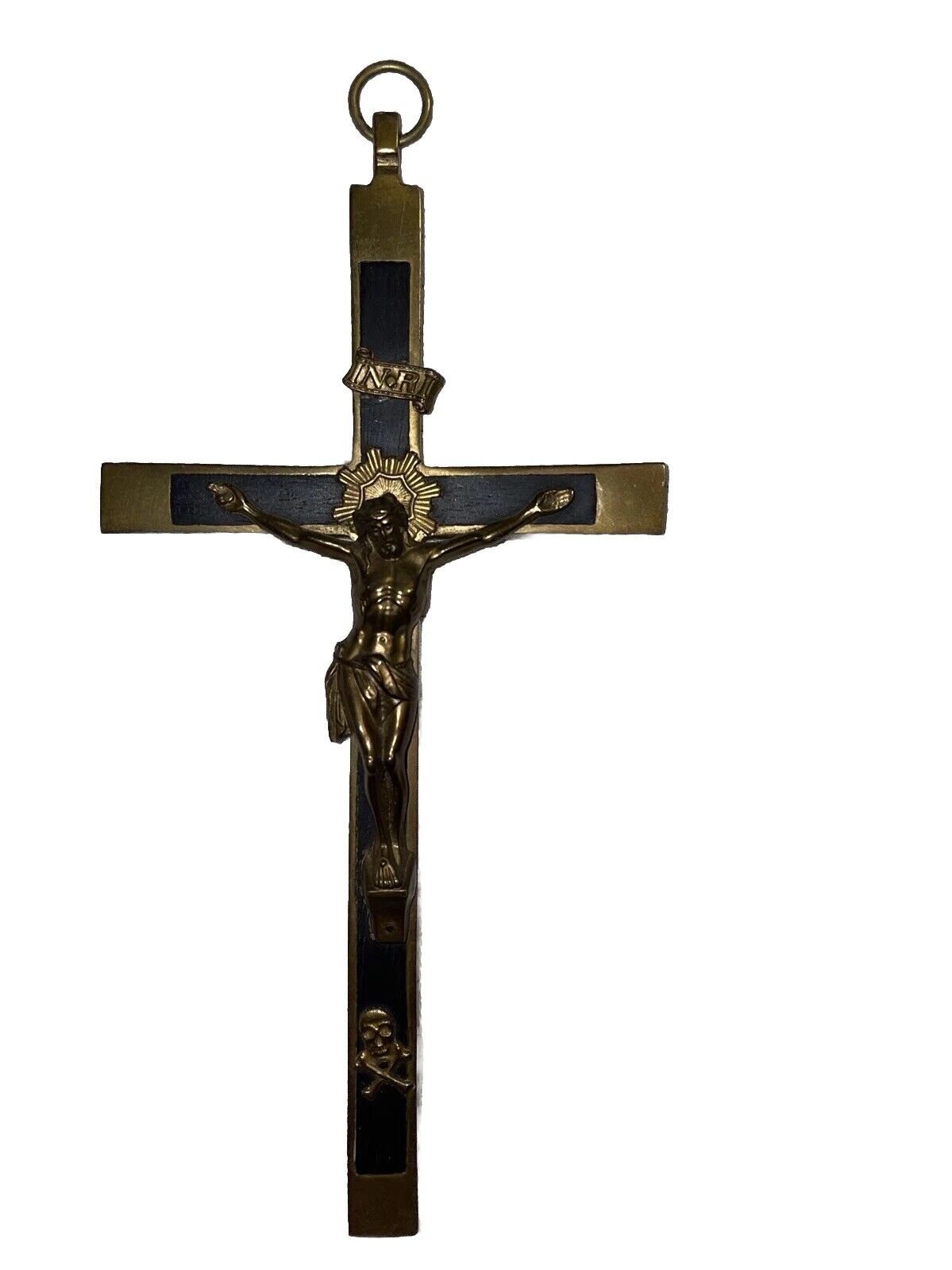 Antique German Catholic Pectoral Crucifix Brass Metal Inlaid Wood Skull 5.5\