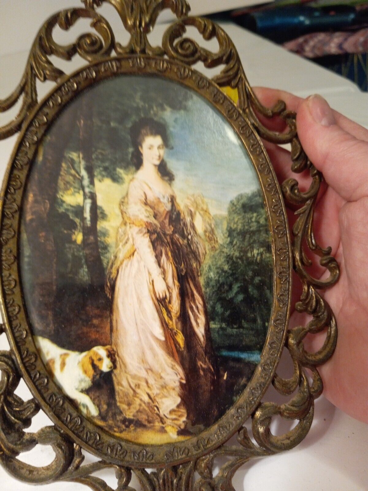 Vtg Solid Brass Ornate Oval Framed Print Italian Victorian Lady W Hound...