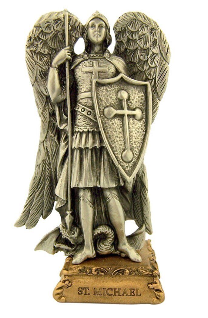 Pewter Saint St Michael the Archangel Figurine Statue Gold Tone Base, 4 1/2 Inch