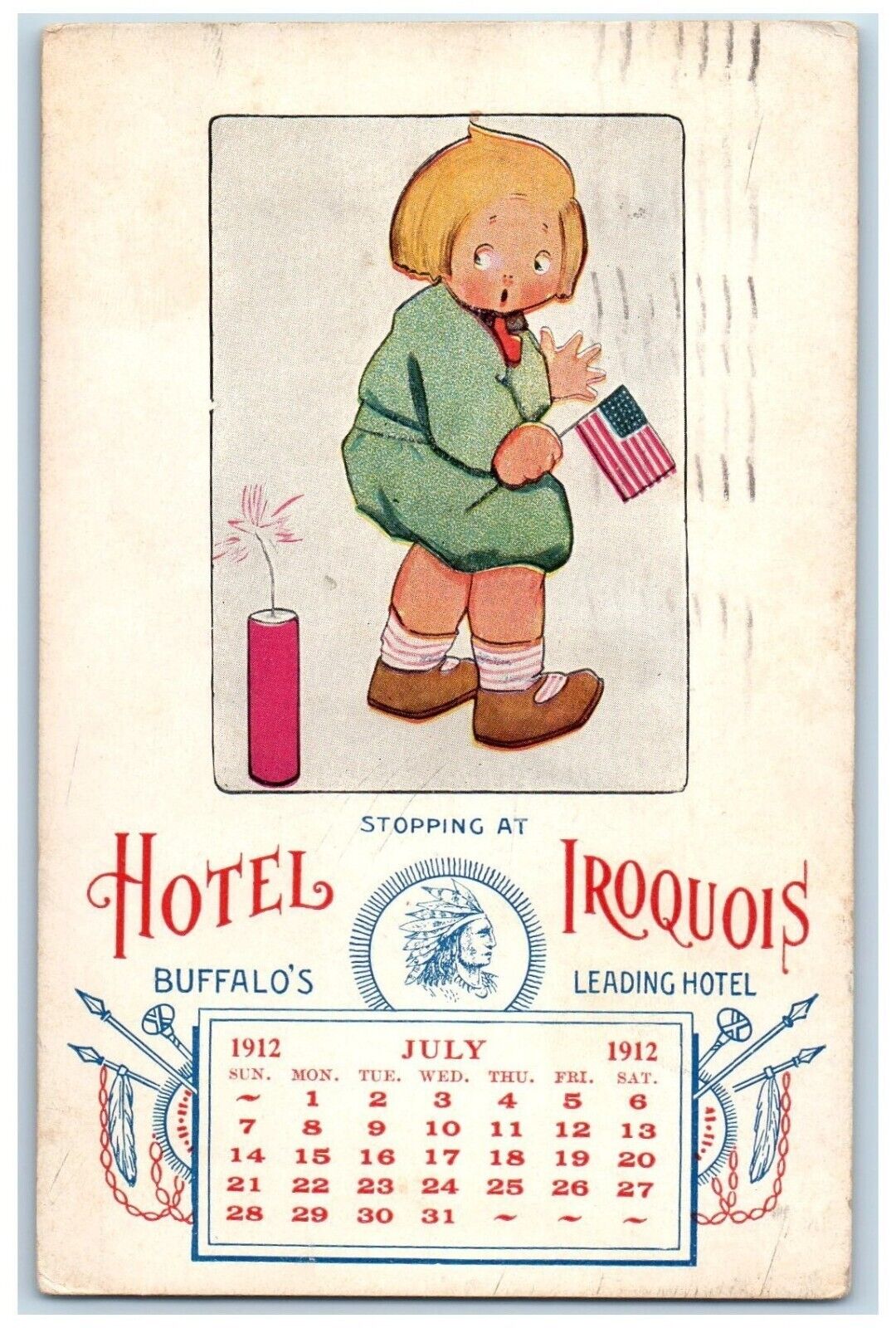 1912 4th Of July Advertising Calendar Hotel Iroquois Buffalo NY Posted Postcard