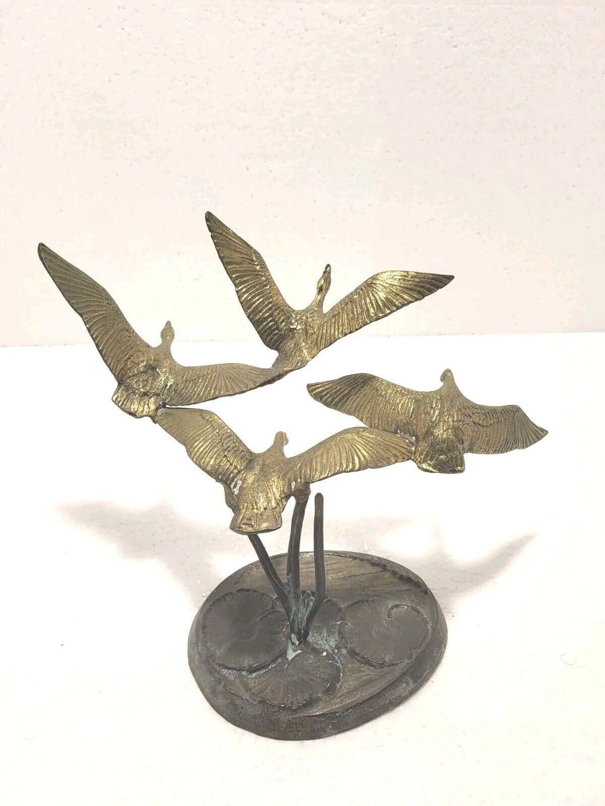 Vintage Bronze 4 Geese In Flight Statue Sculpture (Lily Pad Base)