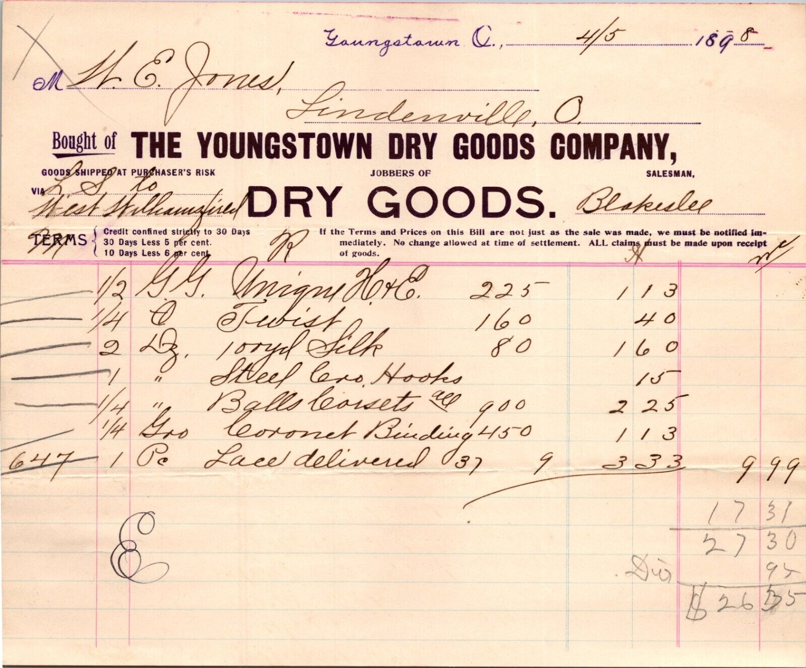 Youngstown Dry Goods Company Youngstown OH 1898 Billhead Dry Goods
