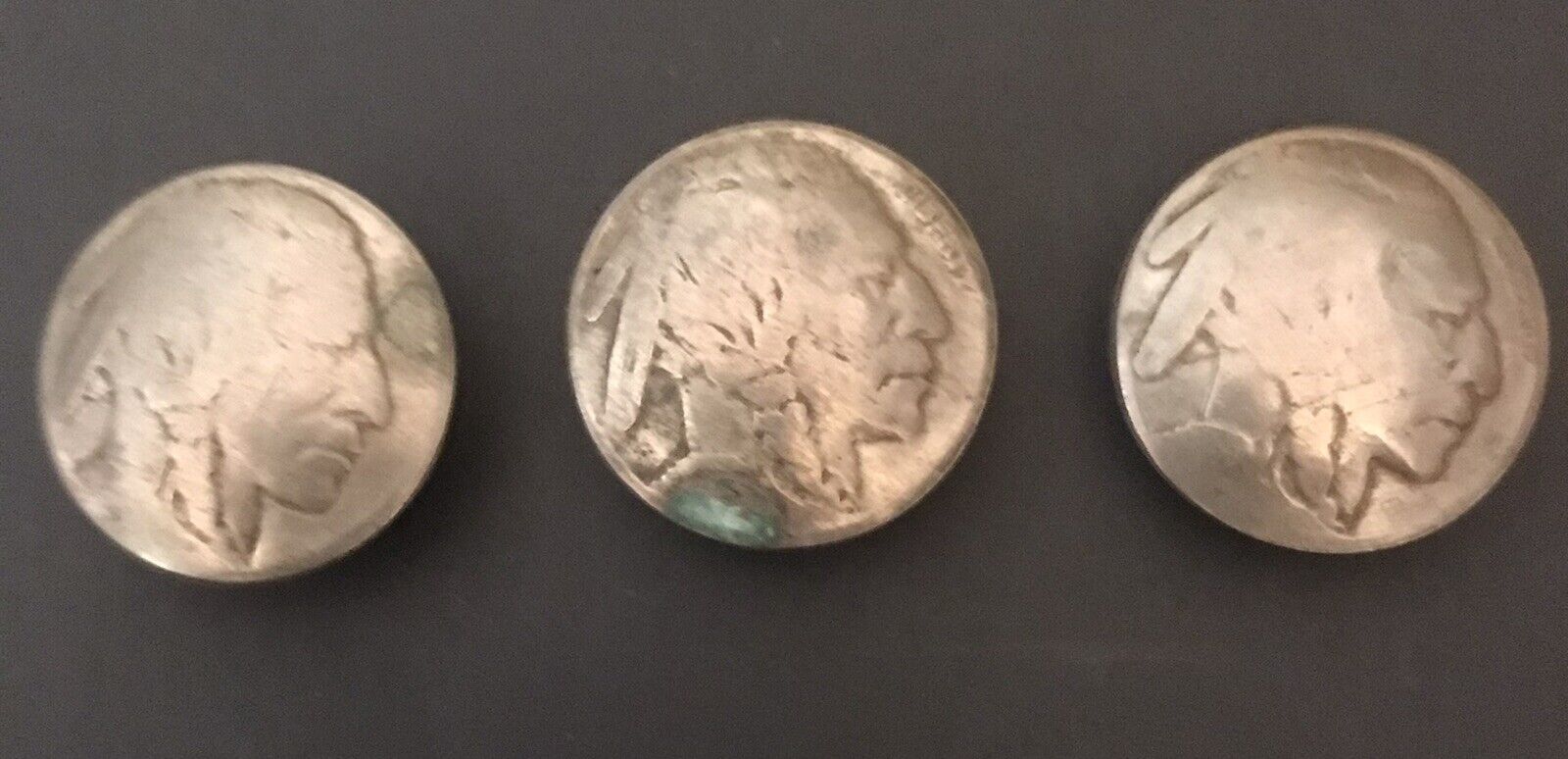 Vintage Set of 3 Original Indian Head Buffalo Nickel Button Covers Hand Made