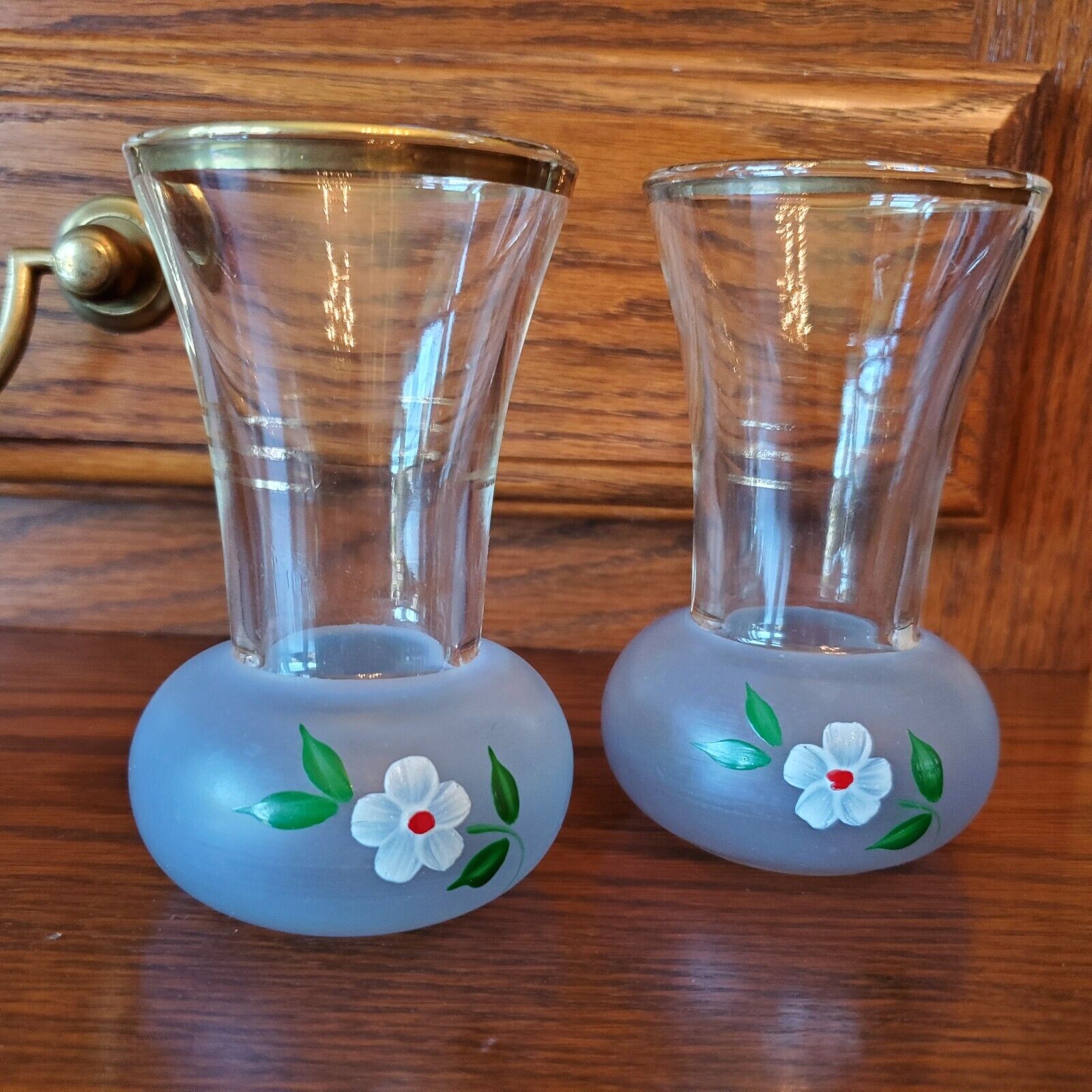 HAND PAINTED GOLD RIM VASES Vintage 1970s Glass OOAK 4 inches Tall by 2.5 Wide