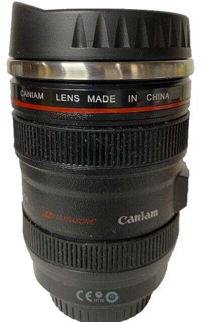 Camera Zoom Lens Travel Mug Stainless Steel Interior with Lid, Caniam Canon-like