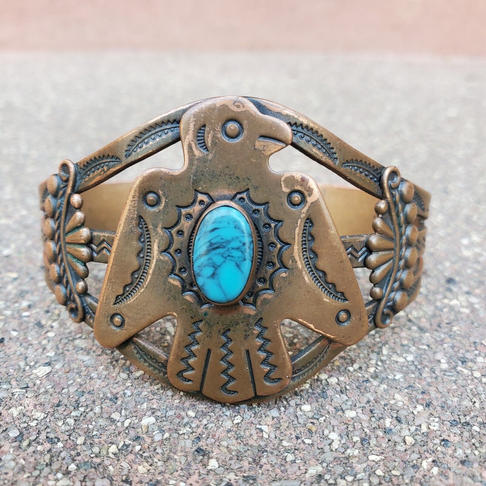 Vintage Copper Bell Trading Co. Metal Eagle Bracelet Cuff Faux Turquoise Jewelry
