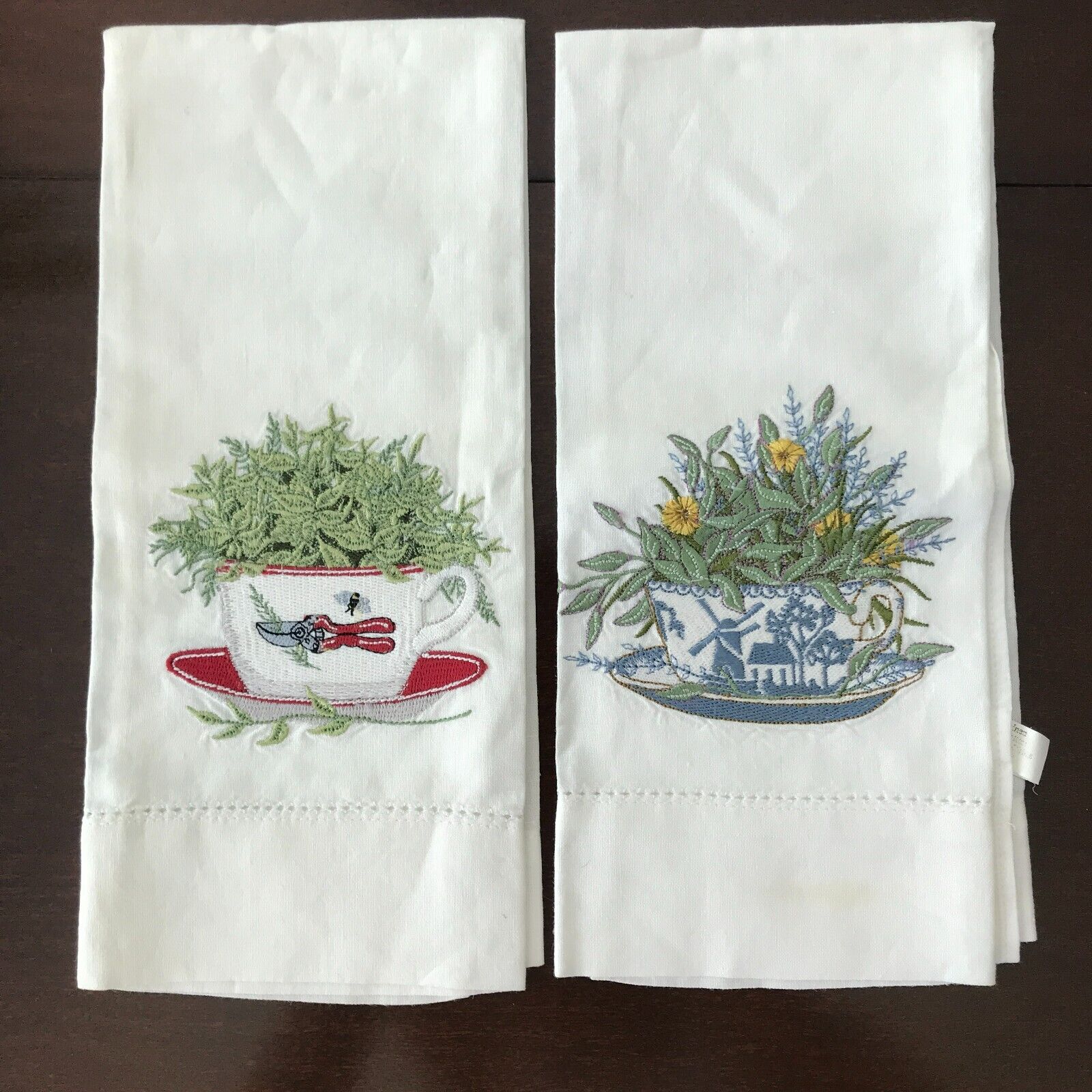 Vintage Garden Hand Tea Towels Kitchen Coffee Cup Herbs Embroidered Set of 2