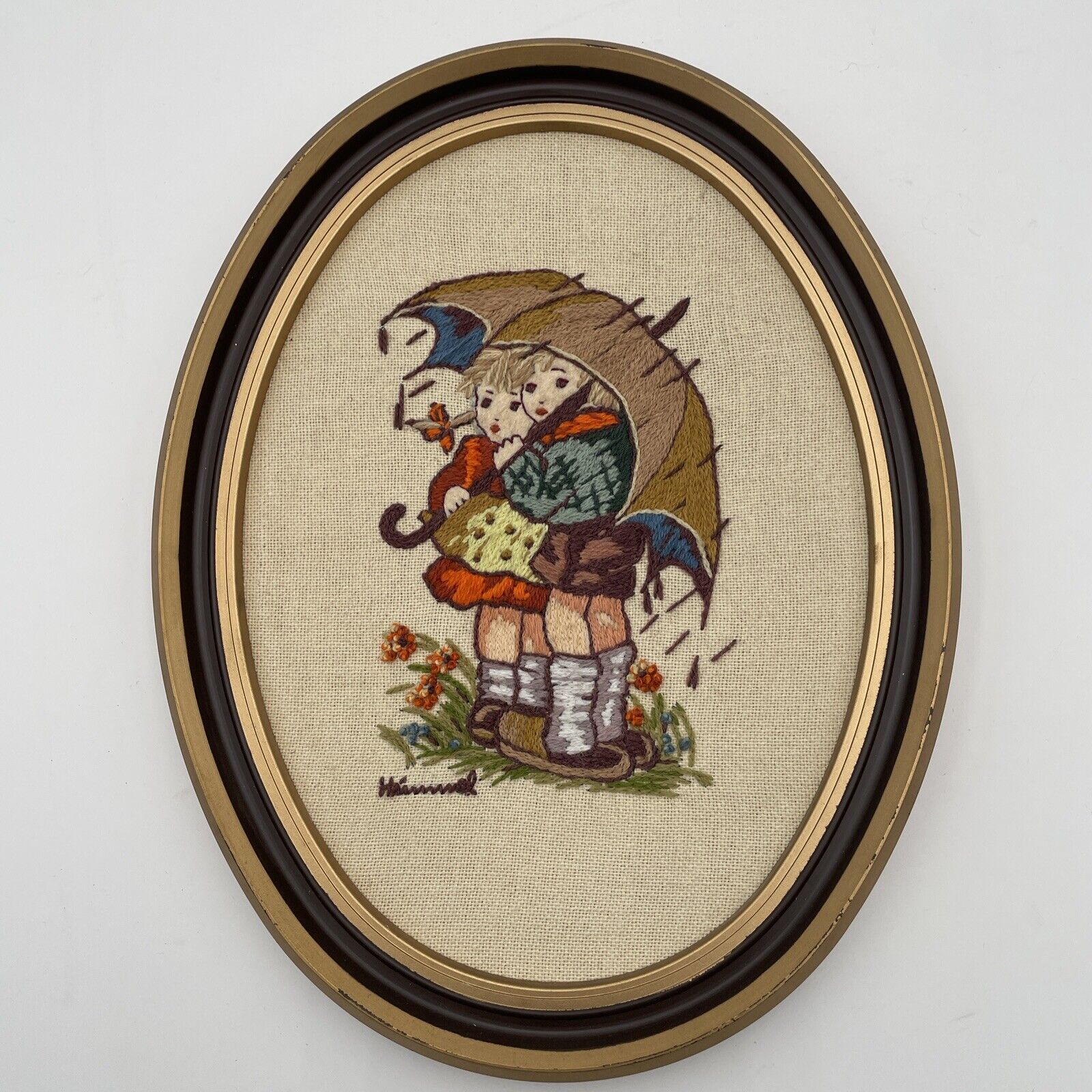 Vintage Children in the rain picture in frame