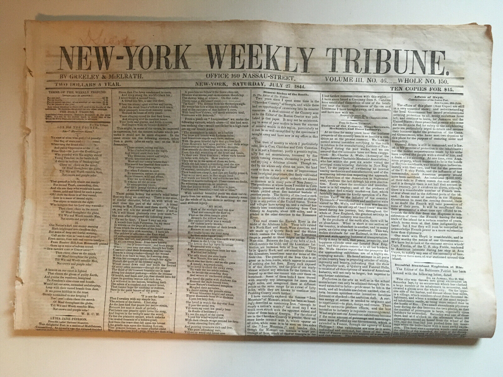 1844 HORACE GREELEY NEW YORK WEEKLY TRIBUNE NEWSPAPER 8 PAGE SEP 1844 - AUG 1846