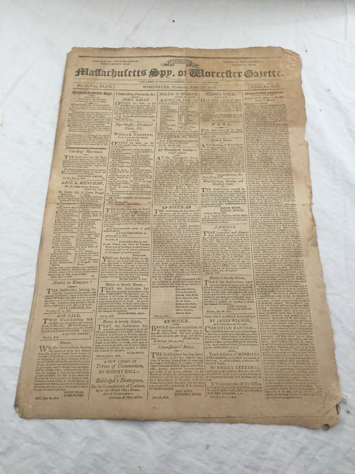 Massachusetts Spy or Worceser Gazette July 29th 1818 Vintage Newspaper Antique