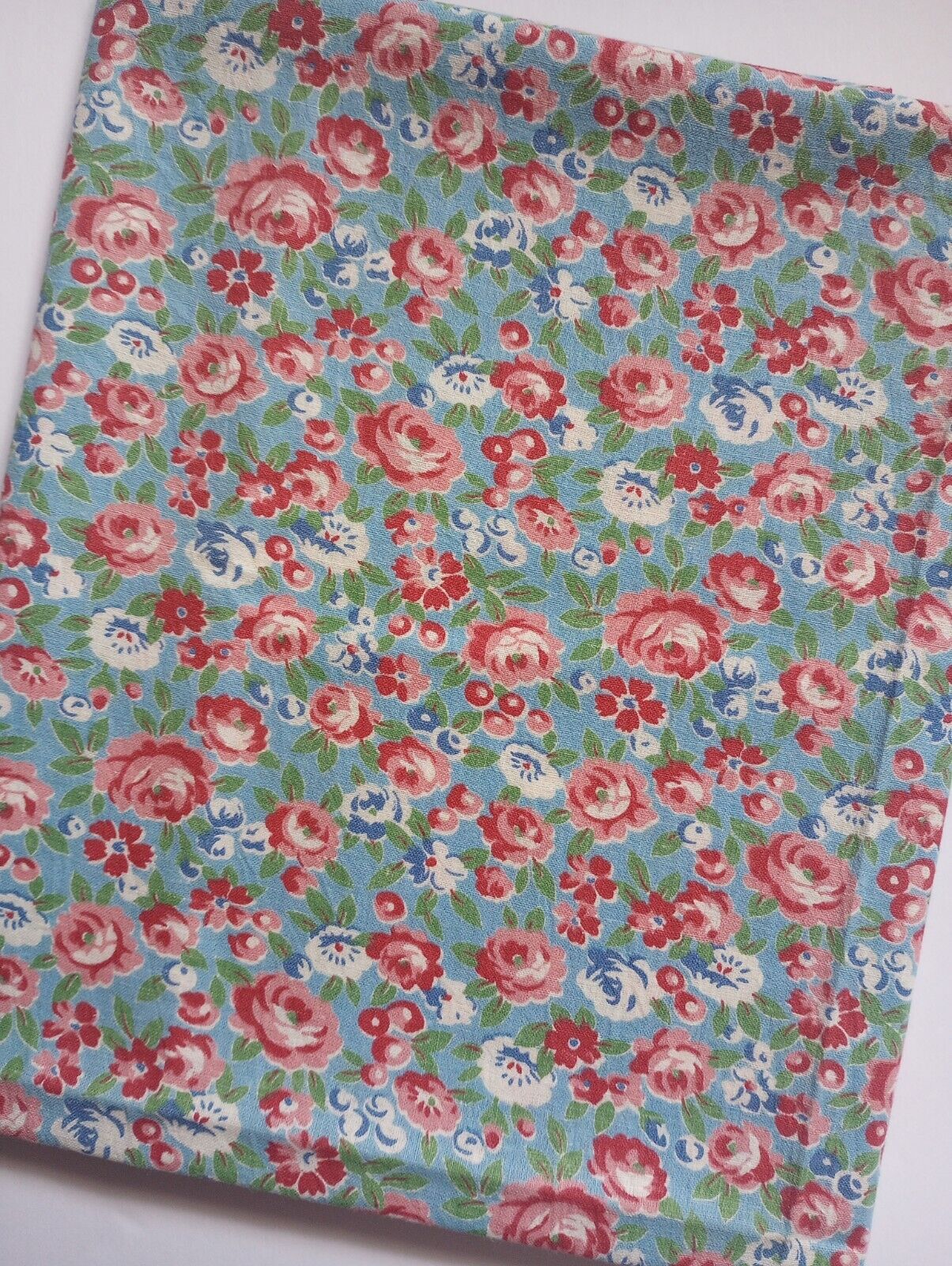 Vintage Full Feedsack Fabric Opened 36x44 Blue With Full Red Blue White Flowers 