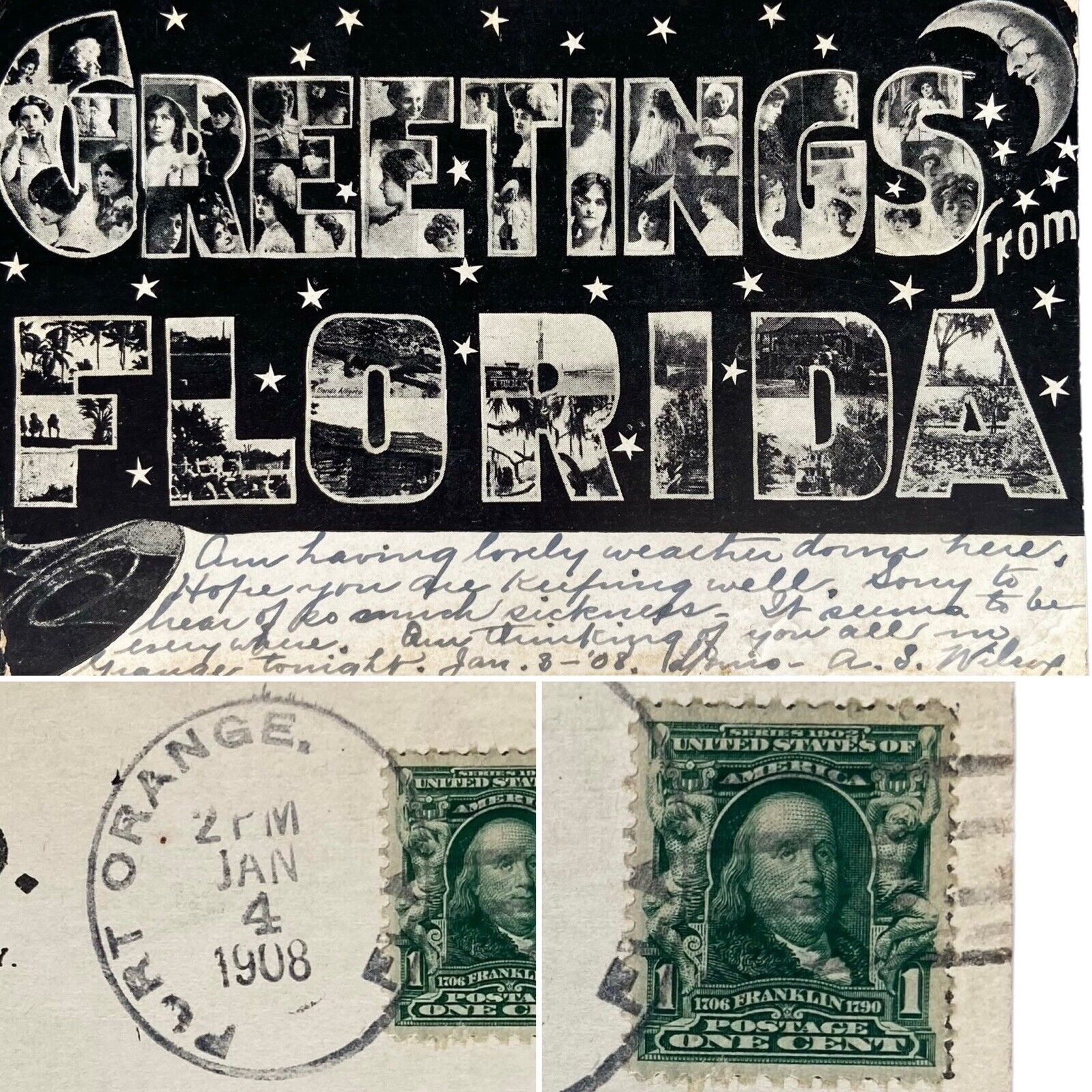 Postcard FL Large Letter Greetings from Florida Antique Posted Port Orange 1908