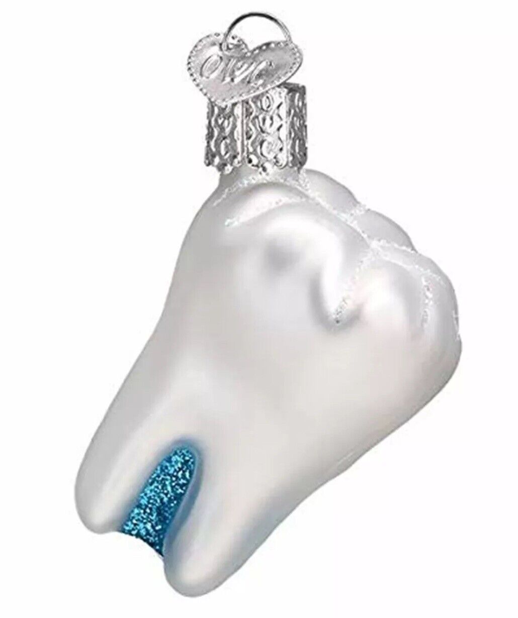 Old World Christmas Tooth Ornament White Blue Glitter Wisdom Teeth NIB