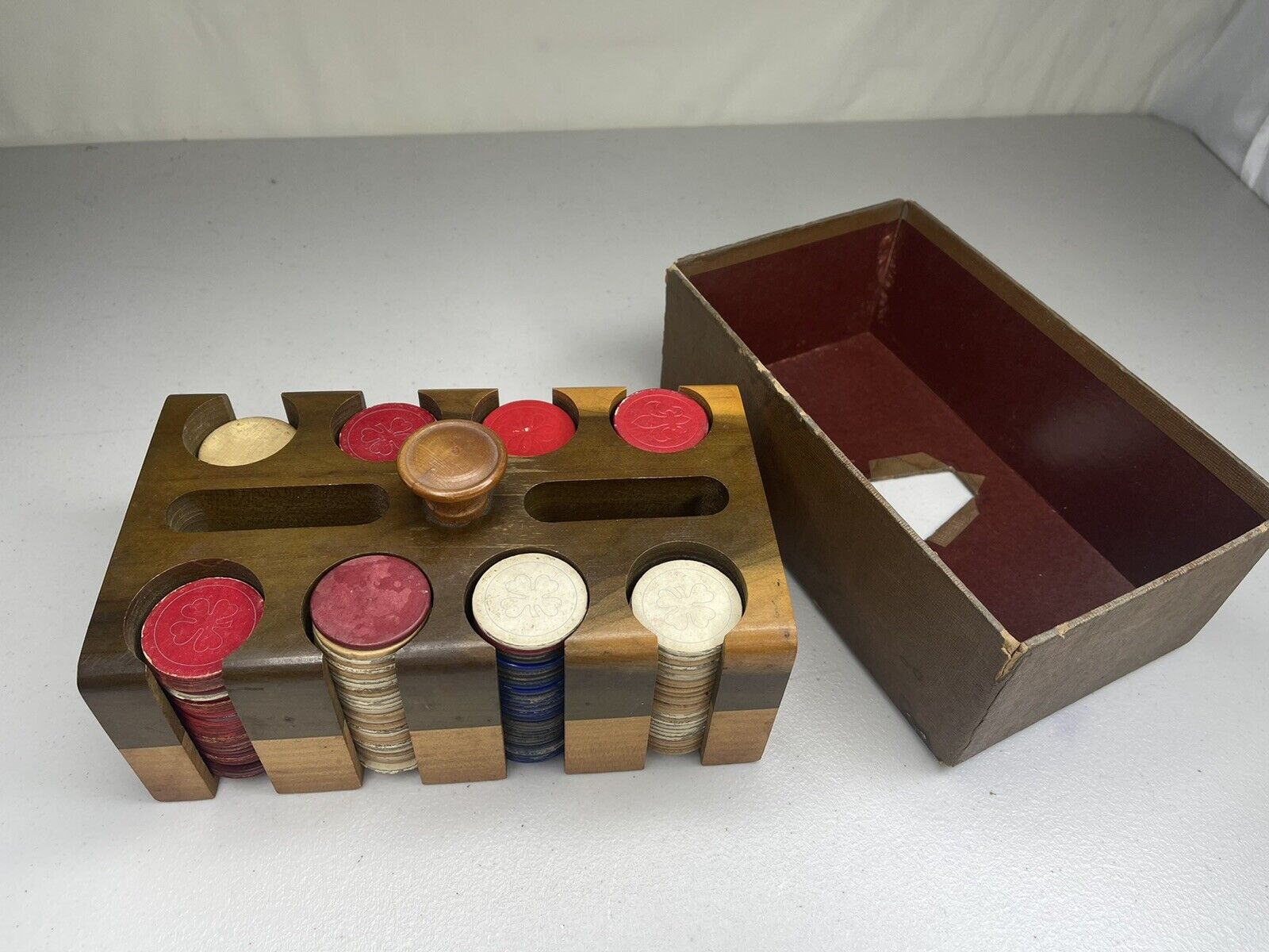 Vintage Antq Poker Chips Set in Wood Caddy Case  Shamrock Fleur de Lis Stamped