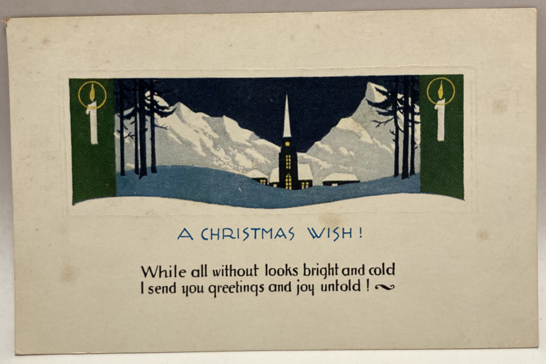 A Christmas Wish, Blue Church, Candles, Mountains, Vintage Holiday Postcard