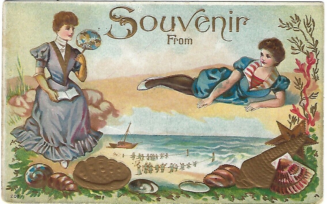 C. 1914 Seaside & Seashell Souvenir Colorful Postcard Two Women Bathing Suit