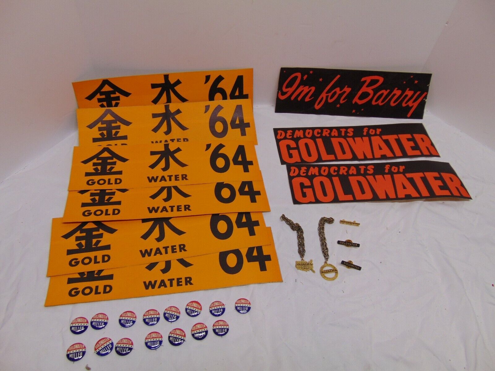 Big Lot of 1964 Barry Goldwater Pins , gold pins Bumper Stickers Miller Japanese