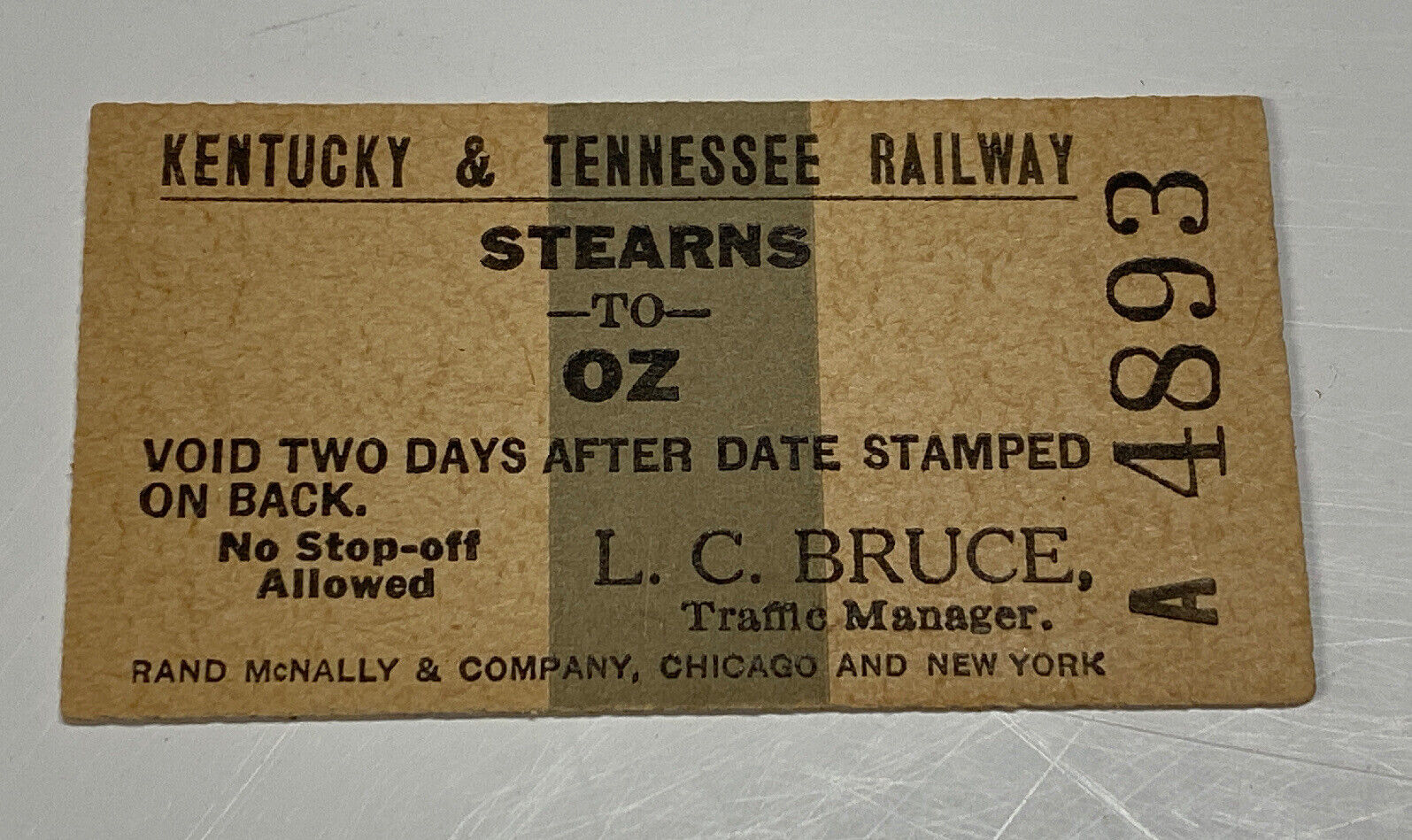 Antique 1910s Kentucky & Tennessee Railway Stearns To Oz Railroad Ticket